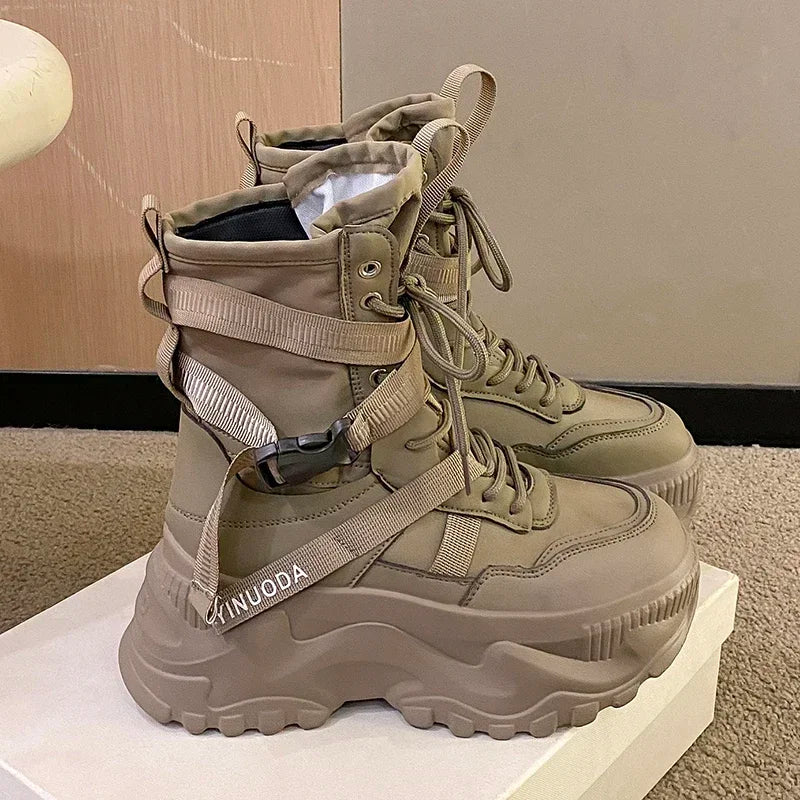Botas De moto con plataforma gruesa para Mujer, zapatos blancos con cordones y parte inferior gruesa, botines De Mujer para Otoño e Invierno