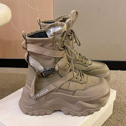 Botas De moto con plataforma gruesa para Mujer, zapatos blancos con cordones y parte inferior gruesa, botines De Mujer para Otoño e Invierno