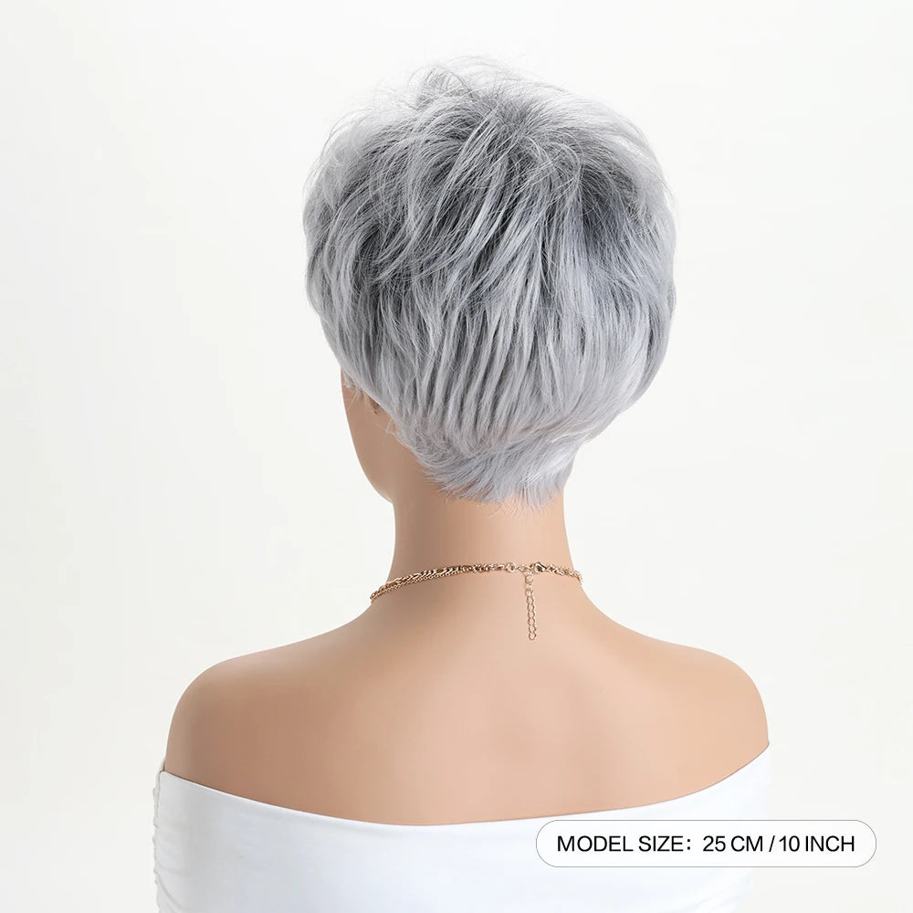 Pelucas naturales cortas con flequillo, pelo suave para mamá, uso diario, pelo sintético rizado corto gris ombré, peluca de fiesta para disfraz para mujer