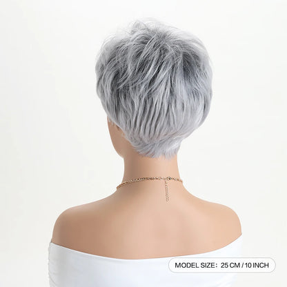 Pelucas naturales cortas con flequillo, pelo suave para mamá, uso diario, pelo sintético rizado corto gris ombré, peluca de fiesta para disfraz para mujer