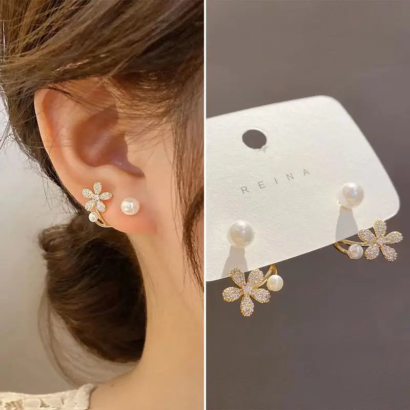 Pendientes coreanos de Metal en forma de corazón, pendientes colgantes en la espalda con perlas de cola de pez para mujeres y niñas, regalo de joyería elegante de cristal 2024