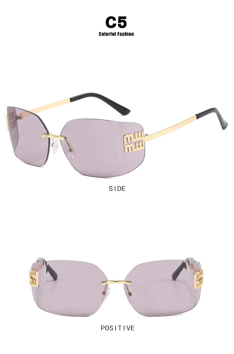 Gafas sin montura de lujo de Metal Funky para mujer, gafas clásicas con remaches de diseñador de marca, gafas de curvas con gradiente rectangular para mujer