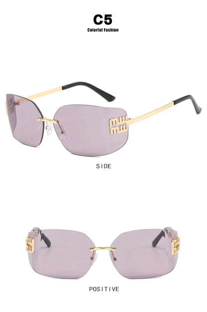 Gafas sin montura de lujo de Metal Funky para mujer, gafas clásicas con remaches de diseñador de marca, gafas de curvas con gradiente rectangular para mujer
