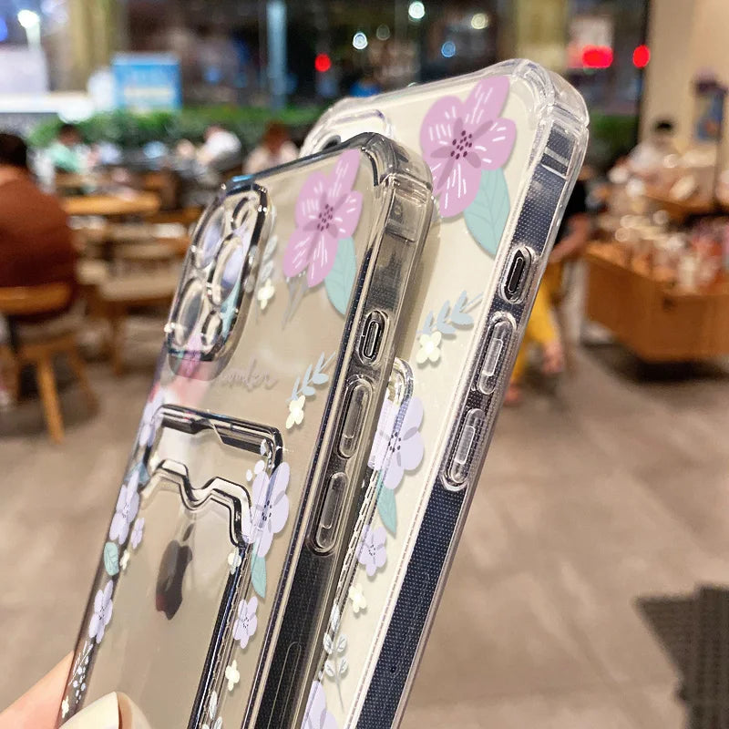 Soft Card Holder Phone Case for iPhone 13, 11, 16e, 15, 12, 14, 17, 16 Pro Max, 7 Plus, XR SE, Clear Aesthetic Flower Cover