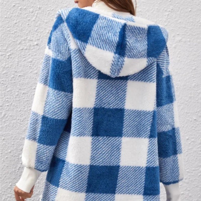 Cárdigan a cuadros de doble lana para mujer, chaqueta suave holgada de manga larga de felpa cálida con capucha, abrigo de retales para mujer, Otoño e Invierno