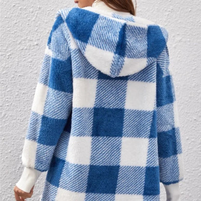 Cárdigan a cuadros de doble lana para mujer, chaqueta suave holgada de manga larga de felpa cálida con capucha, abrigo de retales para mujer, Otoño e Invierno