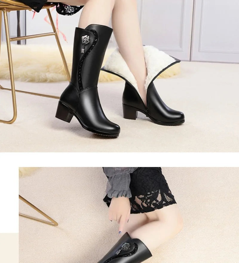 Botas de invierno para Mujer, Botas de nieve cálidas de felpa, Botas de tacón alto a media pantorrilla a la moda para Mujer, Botas de cuero de alta calidad para Mujer
