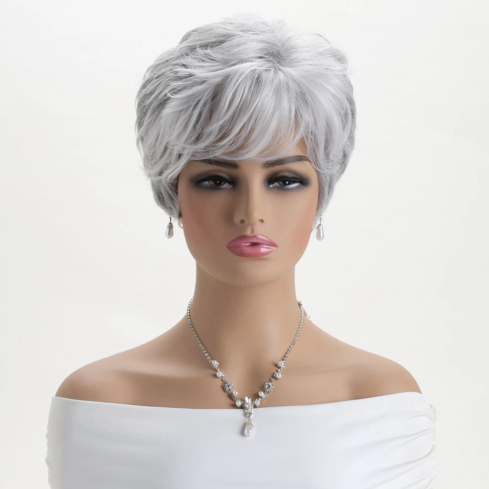 Pelucas naturales cortas con flequillo, pelo suave para mamá, uso diario, pelo sintético rizado corto gris ombré, peluca de fiesta para disfraz para mujer