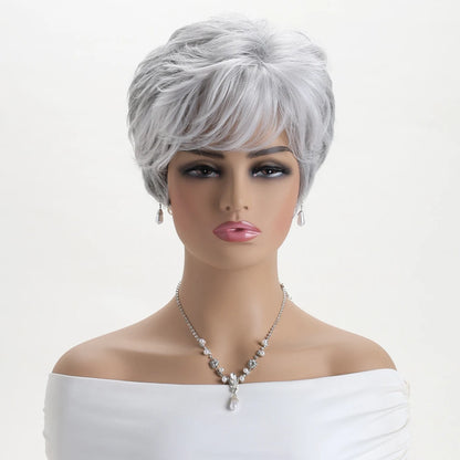 Pelucas naturales cortas con flequillo, pelo suave para mamá, uso diario, pelo sintético rizado corto gris ombré, peluca de fiesta para disfraz para mujer
