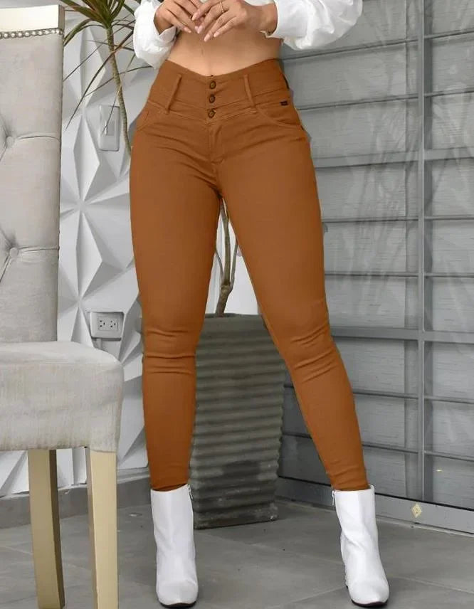 Pantalones ajustados de cintura alta de color liso para mujer, pantalones largos hasta el tobillo, color caqui