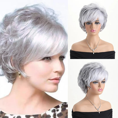 Pelucas naturales cortas con flequillo, pelo suave para mamá, uso diario, pelo sintético rizado corto gris ombré, peluca de fiesta para disfraz para mujer