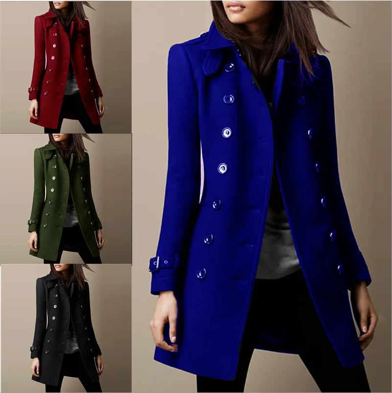 Women's Winter Wool Coats, Lapel Double Breasted Top Coat, Solid Color Slim Elegant Ladies Overcoat.