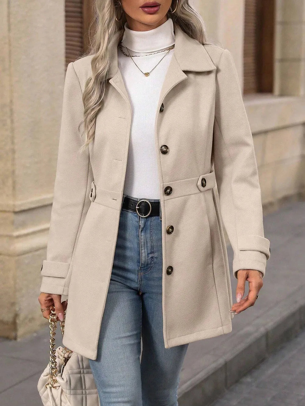 Plus size elegant wool coat for autumn and winter: lapel, button detail, fitted