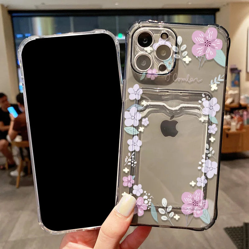 Soft Card Holder Phone Case for iPhone 13, 11, 16e, 15, 12, 14, 17, 16 Pro Max, 7 Plus, XR SE, Clear Aesthetic Flower Cover