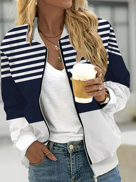 Spring and Autumn New Fashion Women Striped Print Zipper Outerwear Casual Women's Jacket Long Sleeve Baseball Jersey Top