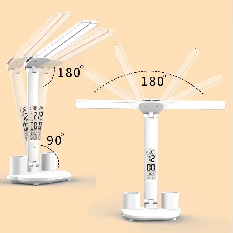 Lámpara de escritorio LED, lámpara de mesa plegable táctil regulable por USB con calendario, reloj de temperatura, luz nocturna para estudio, lámpara de lectura