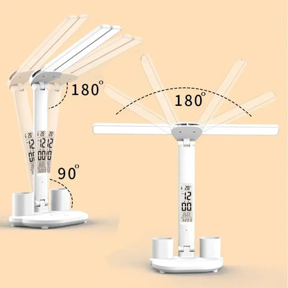 Lámpara de escritorio LED, lámpara de mesa plegable táctil regulable por USB con calendario, reloj de temperatura, luz nocturna para estudio, lámpara de lectura