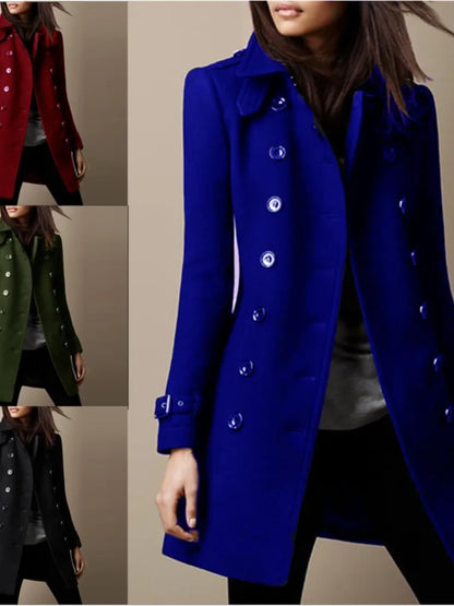 Women's Winter Wool Coats, Lapel Double Breasted Top Coat, Solid Color Slim Elegant Ladies Overcoat.