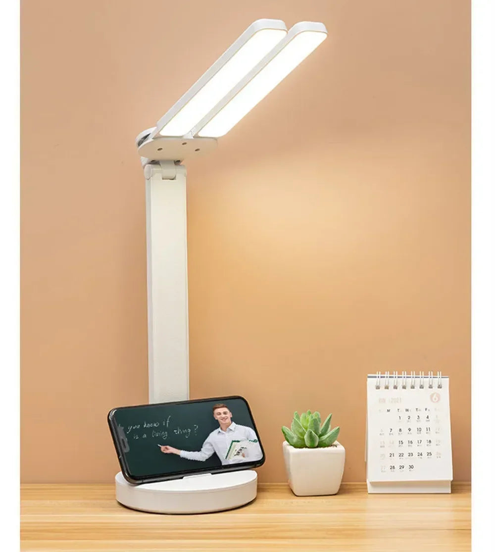 Lámpara de escritorio LED, lámpara de mesa plegable táctil regulable por USB con calendario, reloj de temperatura, luz nocturna para estudio, lámpara de lectura