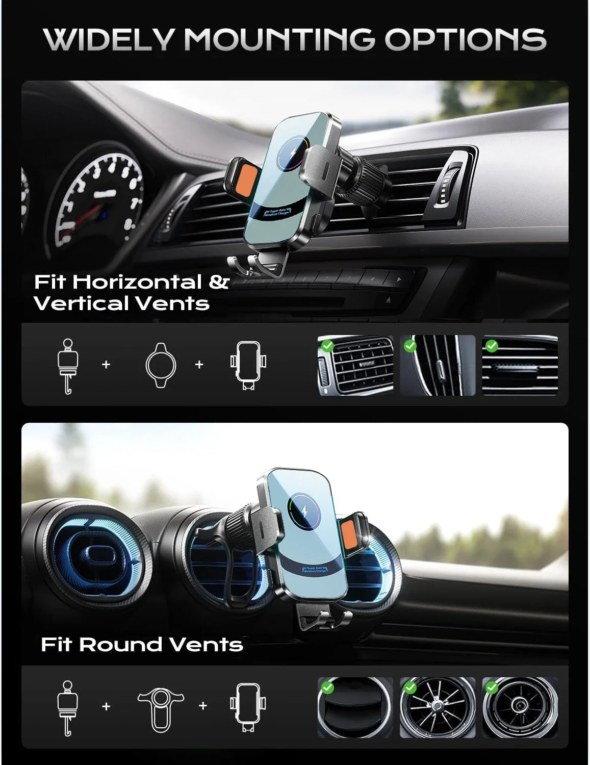 UYUXIO-Adaptador de cargador de coche inalámbrico con sujeción automática, soporte de teléfono para coche con ventilación de aire de carga súper rápida para iPhone 16 15 Pro Max Samsung