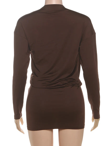 Sisterlinda-minivestido elegante con escote en V profundo para mujer, minivestido ajustado de manga larga con melocotón y cadera para fiesta de Club de medianoche, moda Sexy, ceñido liso