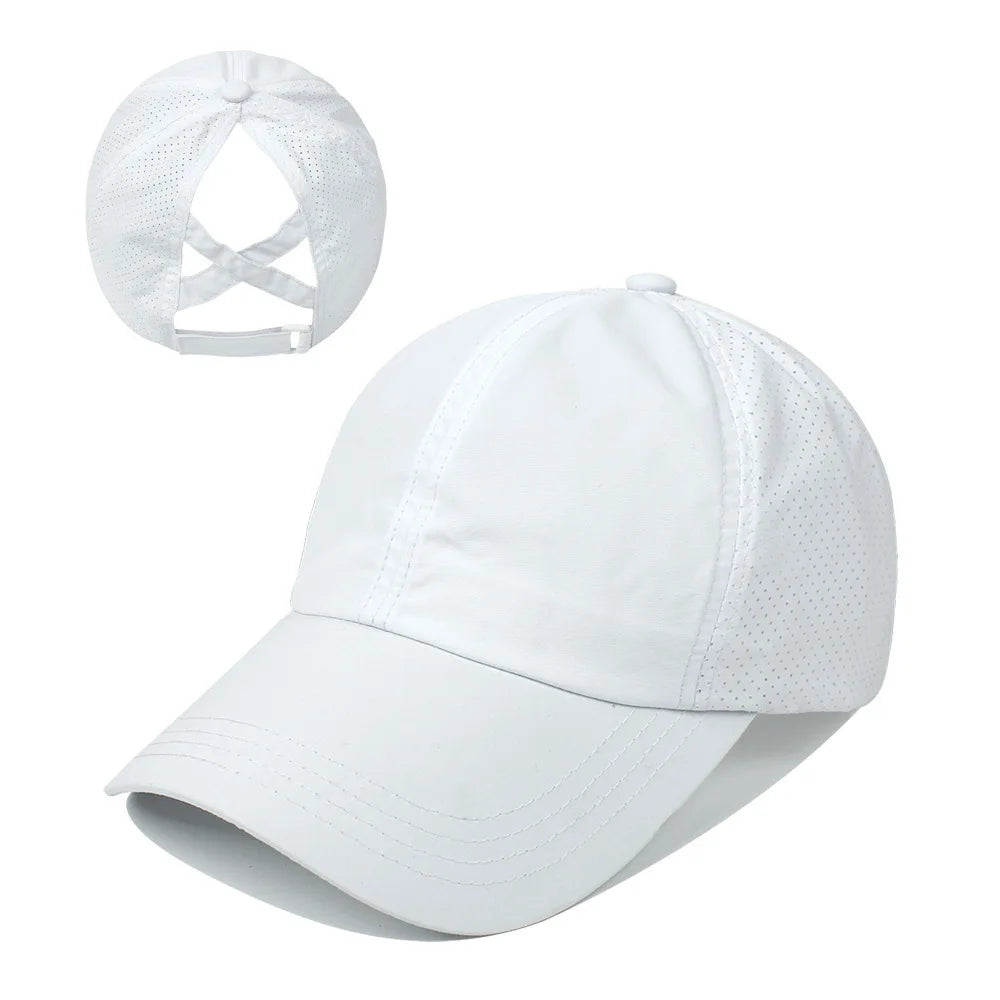 Gorra de béisbol de Color liso para mujer, sombrero de cola de caballo cruzada, malla de secado rápido, visera, Verano