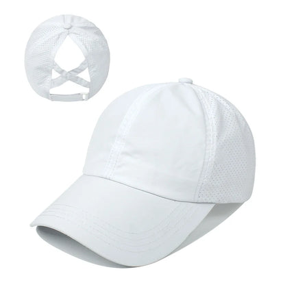 Gorra de béisbol de Color liso para mujer, sombrero de cola de caballo cruzada, malla de secado rápido, visera, Verano