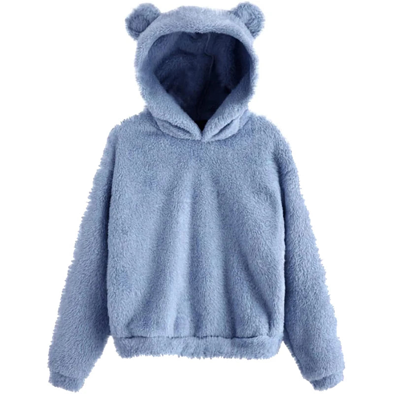 Moda coreana de invierno con orejas de oso, Sudadera con capucha holgada y esponjosa, sudadera cálida, Top de manga larga, jersey liso, ropa para mujer