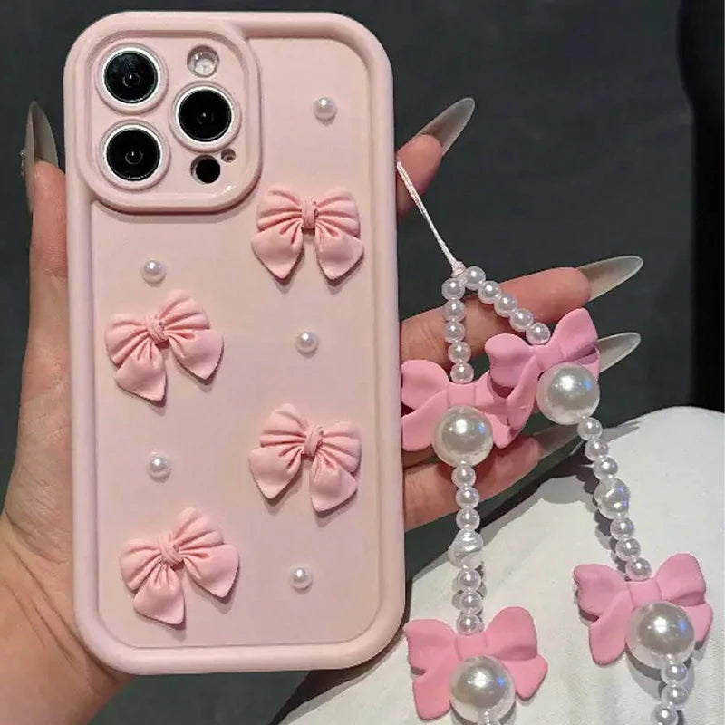 Funda de teléfono de silicona con lazo 3D coreano para iPhone 16 17 Pro 15 14 13 12 11 Pro Max 16E 7 8 Plus con funda suave con cordón