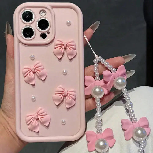 Funda de teléfono de silicona con lazo 3D coreano para iPhone 16 17 Pro 15 14 13 12 11 Pro Max 16E 7 8 Plus con funda suave con cordón