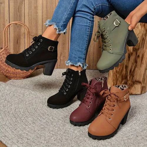 Botas antideslizantes con cordones para Mujer, zapatos De tacón alto, moda al aire libre, alta calidad, Otoño e Invierno