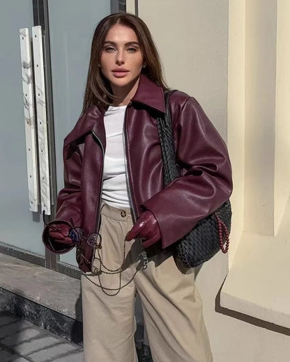 Autumn Winter Retro Leather Jacket 2026 New Women's PU Leather Jacket Short Lapel Motorcycle Loose Coat Women's Biker Leather Coat