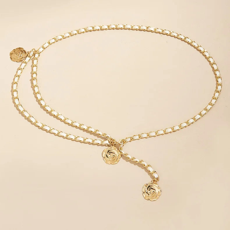 Cinturones de cadena de Metal de alta calidad para mujer, colgante de flor redonda, correa de cadena, cuerda, pretina fina para vestido, decoración de camisa.