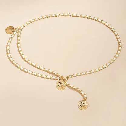 Cinturones de cadena de Metal de alta calidad para mujer, colgante de flor redonda, correa de cadena, cuerda, pretina fina para vestido, decoración de camisa.