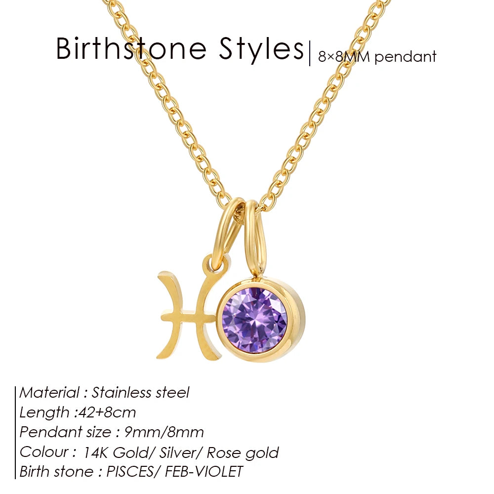 EManco - Birthstone Constellation Double Pendant Necklace, 12 Zircon Stainless Steel Jewelry, DIY Necklace.