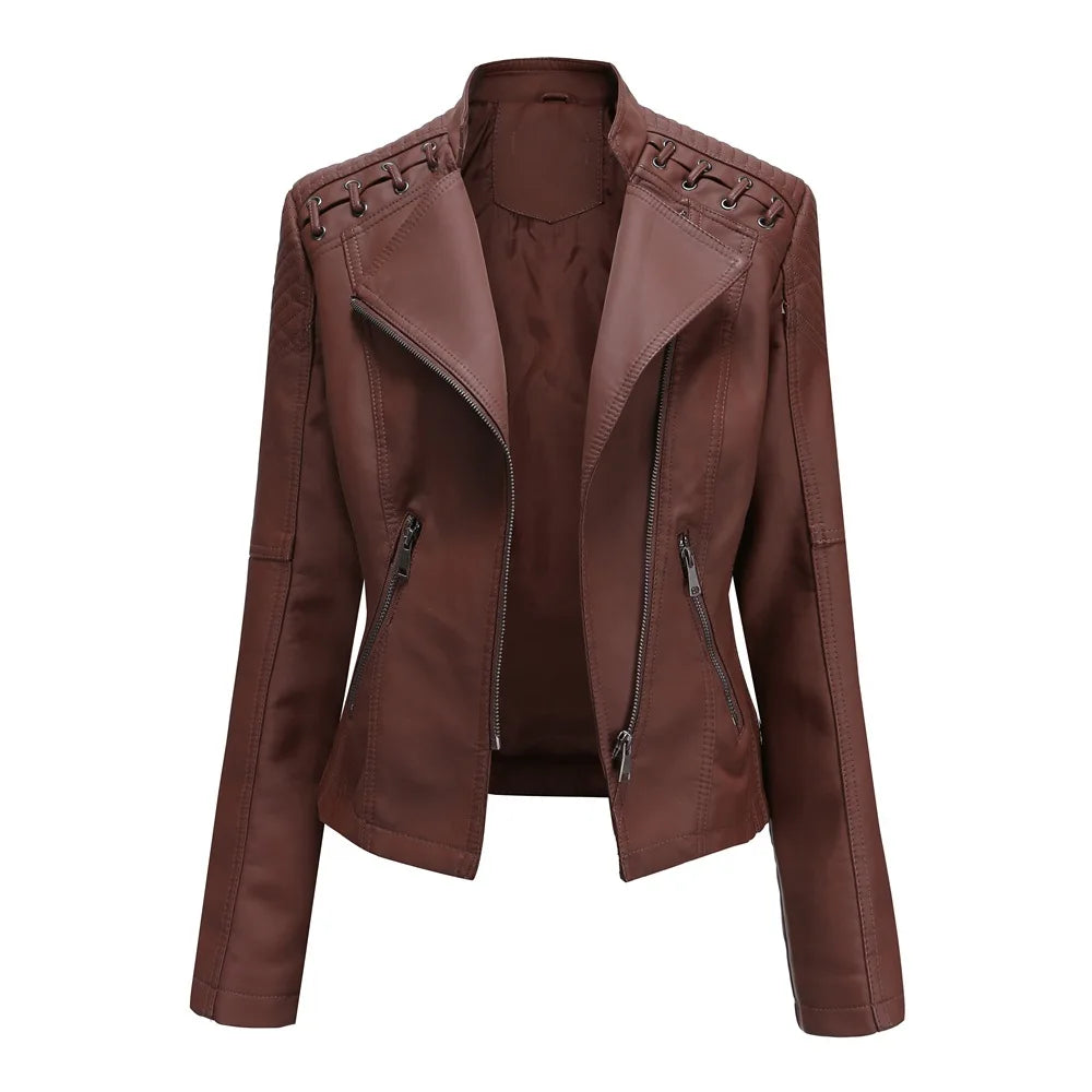 Chaqueta de cuero sintético para mujer, abrigo corto ajustado con cuello levantado y cremallera, ropa de calle para motorista, novedad de primavera y otoño.