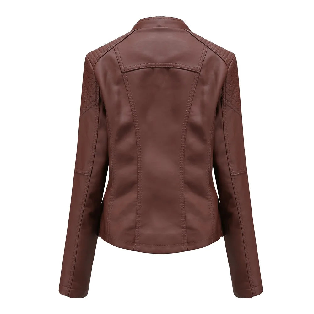 Chaqueta de cuero sintético para mujer, abrigo corto ajustado con cuello levantado y cremallera, ropa de calle para motorista, novedad de primavera y otoño.