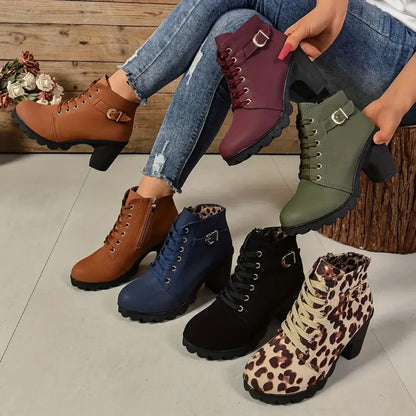 Botas antideslizantes con cordones para Mujer, zapatos De tacón alto, moda al aire libre, alta calidad, Otoño e Invierno