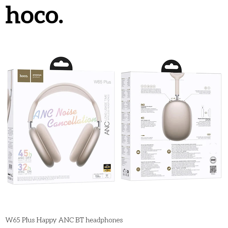 HOCO W65 Plus ANC auriculares Bluetooth con reducción de ruido sobre la oreja auriculares inalámbricos grandes sonidos de alta fidelidad auriculares deportivos con botón