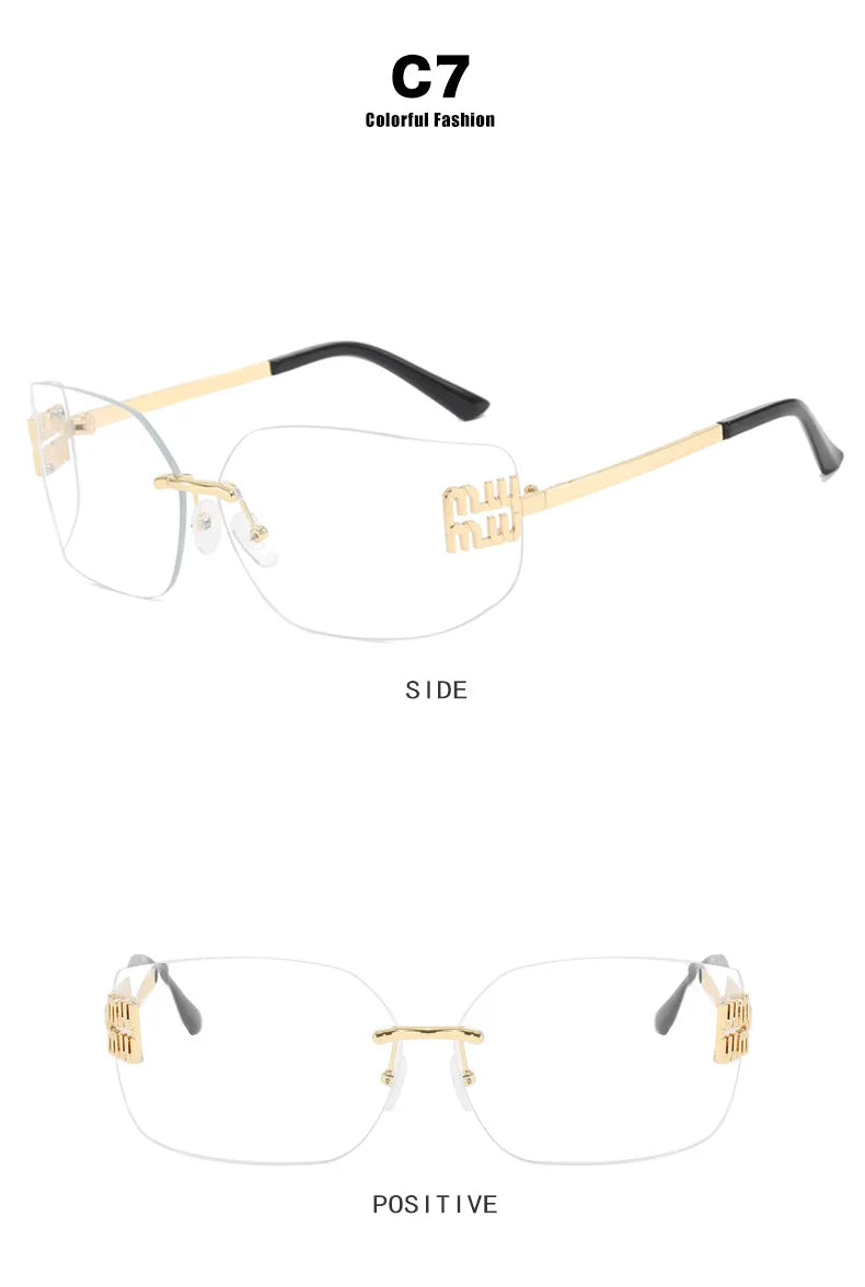 Gafas sin montura de lujo de Metal Funky para mujer, gafas clásicas con remaches de diseñador de marca, gafas de curvas con gradiente rectangular para mujer