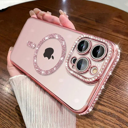 Luxury Bling Crystal Lens Film Case for iPhone 15 16 11 12 13 14 Pro Max 16 Plus Magsafe Magnetic Wireless Charging Clear Cover