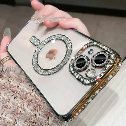 Luxury Bling Crystal Lens Film Case for iPhone 15 16 11 12 13 14 Pro Max 16 Plus Magsafe Magnetic Wireless Charging Clear Cover
