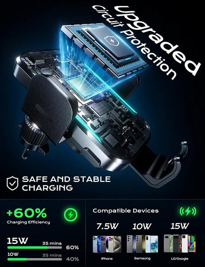 UYUXIO-Adaptador de cargador de coche inalámbrico con sujeción automática, soporte de teléfono para coche con ventilación de aire de carga súper rápida para iPhone 16 15 Pro Max Samsung