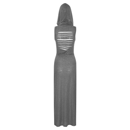 Verano Sexy estilo europeo y americano sin mangas vestido con capucha largo dividido ahueca hacia fuera el vestido de las mujeres de Color puro