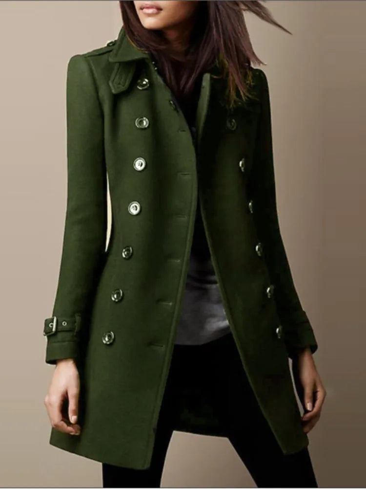 Women's Winter Wool Coats, Lapel Double Breasted Top Coat, Solid Color Slim Elegant Ladies Overcoat.
