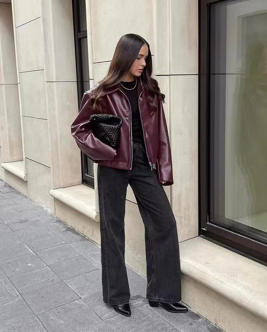 Autumn Winter Retro Leather Jacket 2026 New Women's PU Leather Jacket Short Lapel Motorcycle Loose Coat Women's Biker Leather Coat