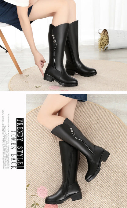 WOIZGIC, botas de piel auténtica para mujer, plataforma de lana para nieve, piel de felpa, cálido invierno, tacón medio con cremallera de talla grande 42 43