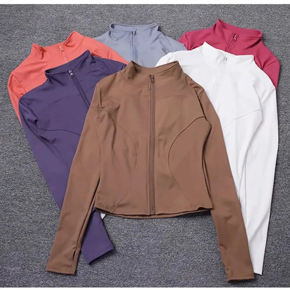 Chaqueta deportiva con cremallera para mujer, Top ajustado de manga larga para correr y Fitness, abrigo liso de secado rápido para Yoga, ropa informal sencilla