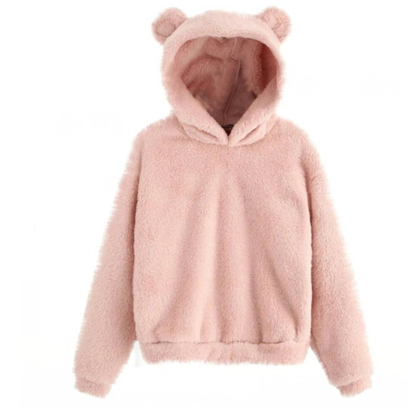 Moda coreana de invierno con orejas de oso, Sudadera con capucha holgada y esponjosa, sudadera cálida, Top de manga larga, jersey liso, ropa para mujer