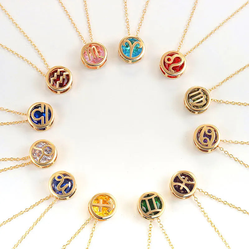Collares con colgante de 12 constelaciones ahuecados de doble cara Retro para mujer, gargantilla de piedra natal con diamantes de imitación de cristal, signo del zodiaco